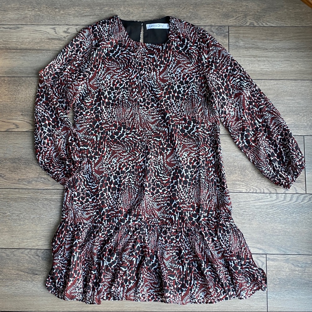 NWT Lucy & Dity Urban Outfitters Ruffle Hem Black Red White Boho Tunic Dress S